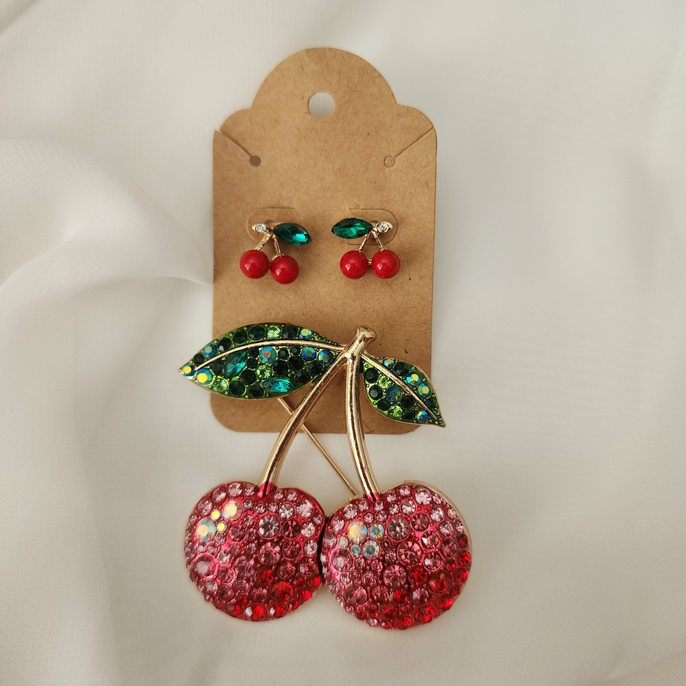 Rhinestone Cherry Brooch and Earring Set - Red Pink Green